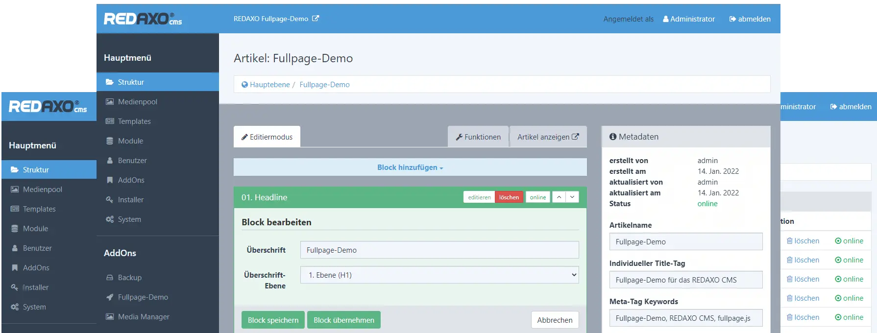 Screenshot REDAXO-Backend